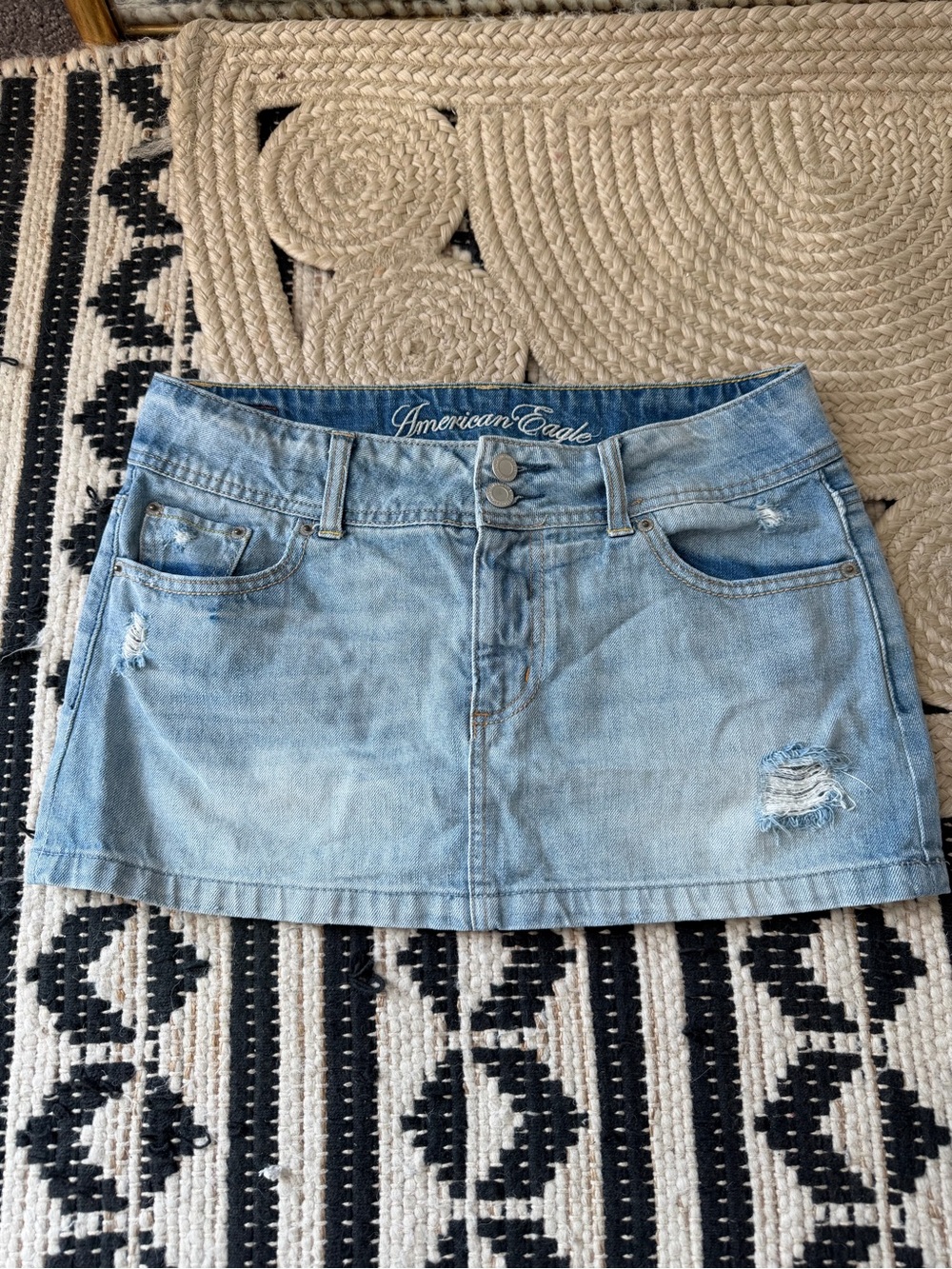 Vintage American Eagle Outfitters Light Blue Distressed Denim Mini Skirt